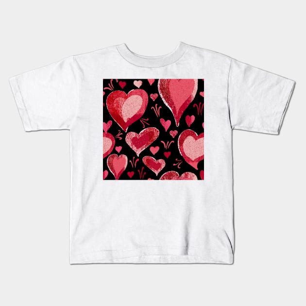 Red Black Heart Pattern Kids T-Shirt by OneLook